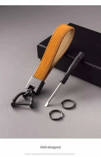 Luxury Genuine Leather Car Keychain – Pure Color Buckle Key Ring, Stylish Car Accessory Gift