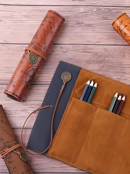 Creative Retro Leather Pencil Case – Large Capacity Roll-Up Bag with Embossed Treasure Map & Buckle Closure