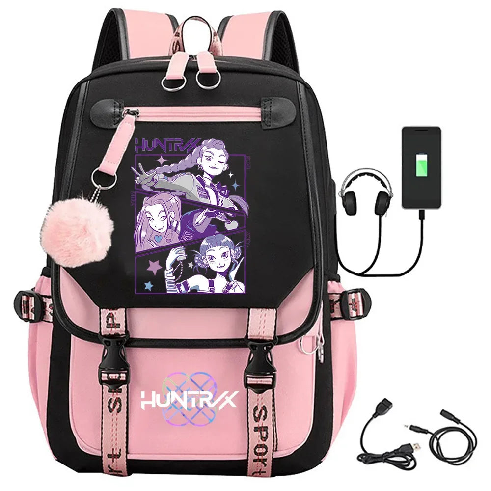 KPop Demon Hunters Print Backpack — Large Capacity School Bag for Rumi, Mira & Zoey Fans, Casual Canvas Travel & Bookbag