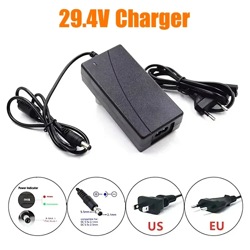 29.4V 100Ah 7S3P 18650 Lithium-Ion Battery Pack — Suitable for 24V–29.4V Motors with 2A Charger
