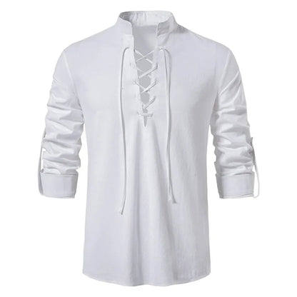 Men’s Cotton Linen Long Sleeve Shirt - Vintage Casual Drawstring Neck Shirt for Spring & Autumn