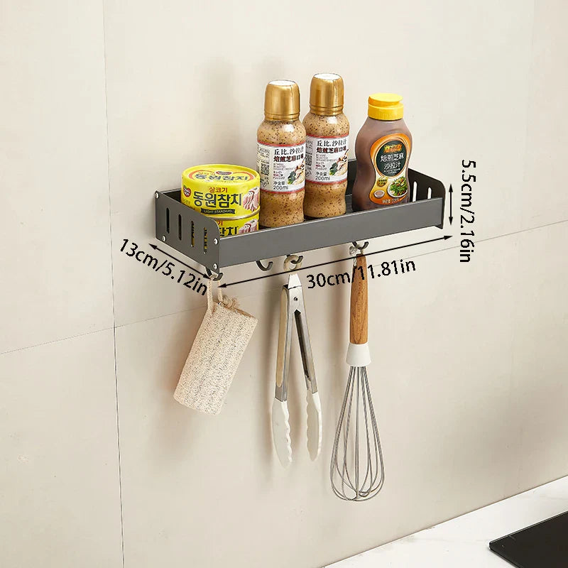 Wall-Mounted Kitchen Spice Rack Organizer with Hanging Hooks – Kitchen Storage Shelf for Condiments