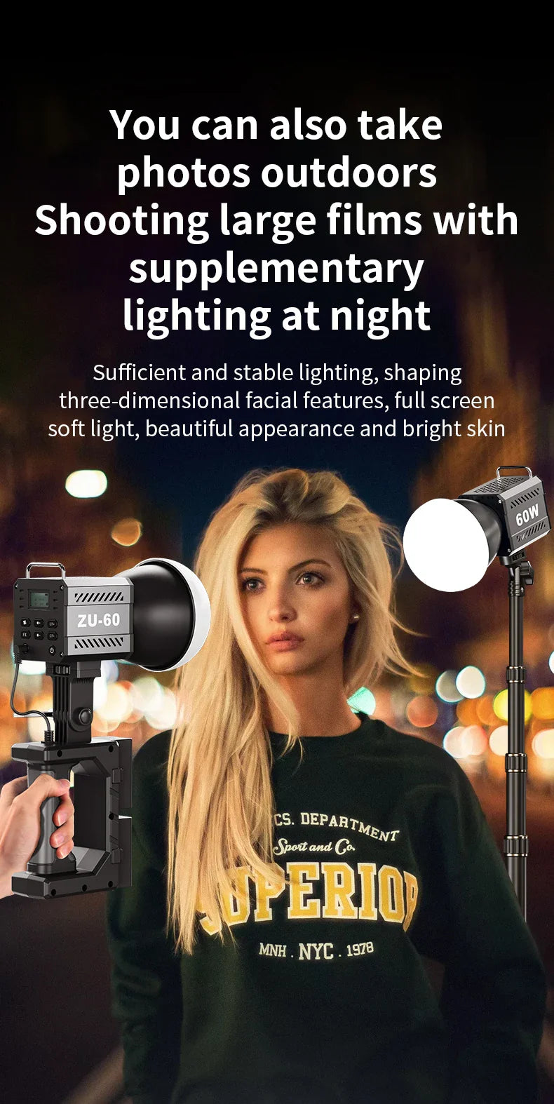 60W COB Video Light - CRI≥90, TLCI≥97, Dual Color Temperature 2700K-6500K, Portable Mini Bowens Live Lighting