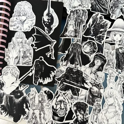 53pcs Berserk Guts Anime Stickers – Black & White Waterproof Laptop, Diary & Luggage Decals