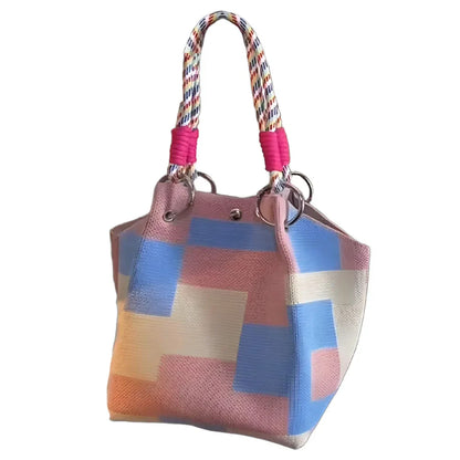 Women’s Color Block Knit Tote Bag – Bucket Style Storage Bag with Adjustable Straps, Metal Rings, Snap Closure for Casual Travel