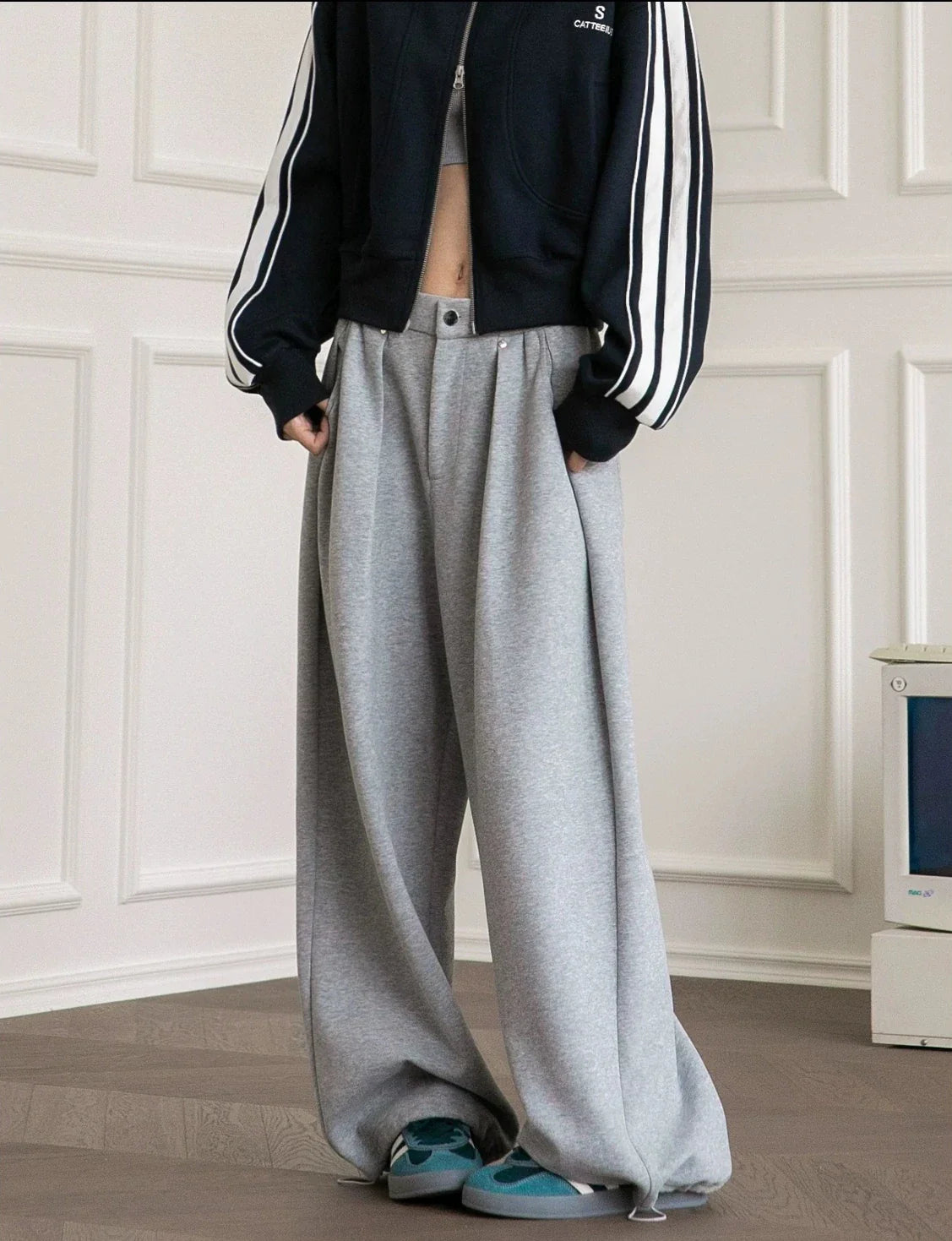 HOUZHOU Vintage Baggy Sweatpants for Women – Y2K Korean Wide-Leg Pants, Zipper Fly, Casual Streetwear, Autumn 2024 Loose Fit