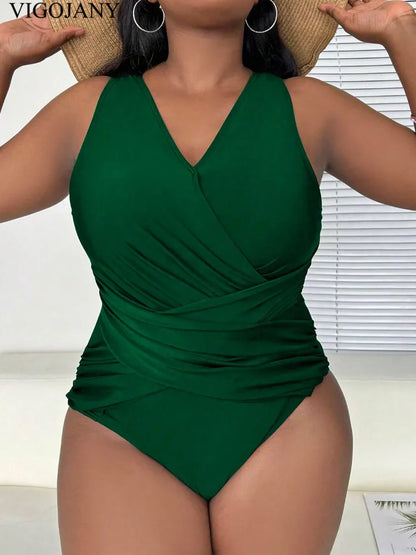Plus Size One Piece Swimsuit for Women – VigoJany 2025 Cross Back Push Up Solid Color Beach Swimwear