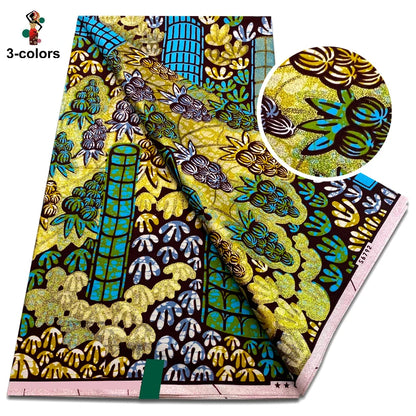 African Glitter Golden Wax Fabric - Nigerian Ankara Gold Print 6 Yards Sewing Material