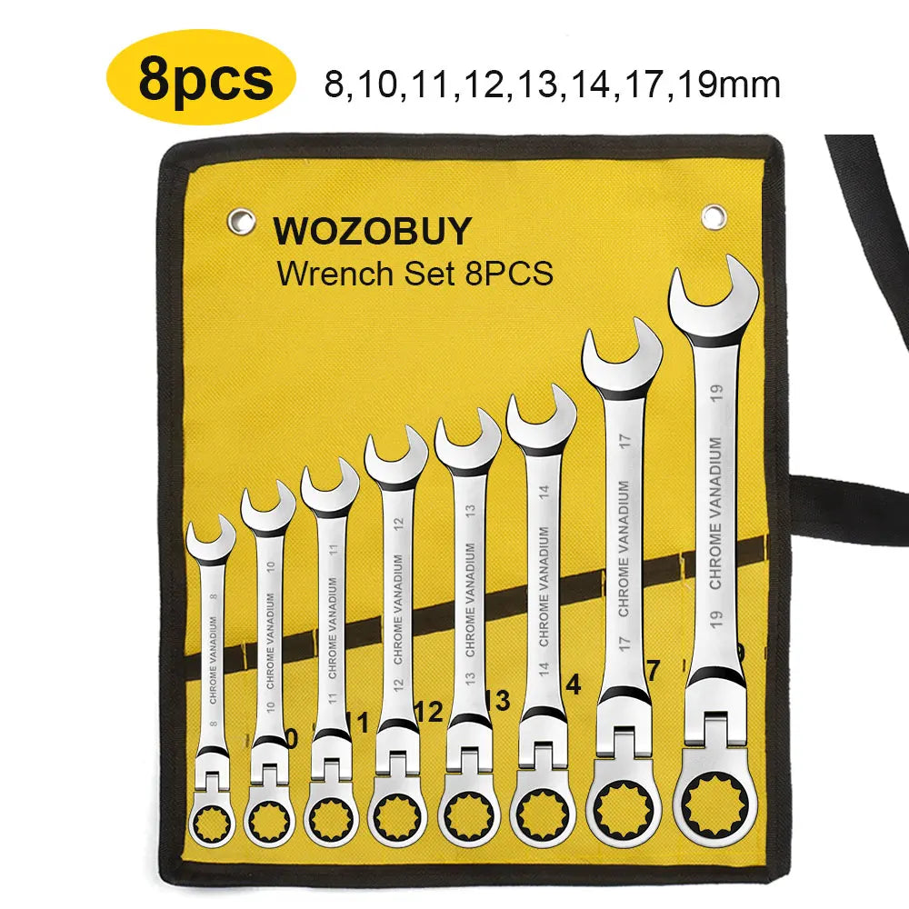 6-22mm Metric Ratcheting Combination Wrench Set – Flex Head Chrome Vanadium Steel Spanners with Carry Bag