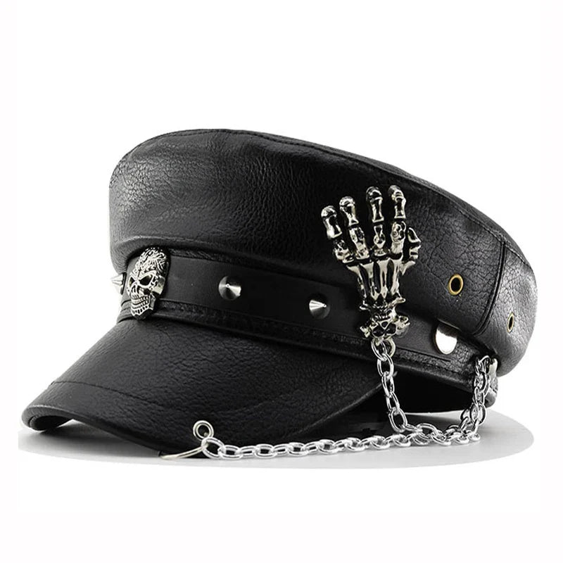 Women’s Punk PU Leather Beret Hat – Vintage Flat Top Military Style Cap for Outdoor Casual Wear & Street Fashion Accessories
