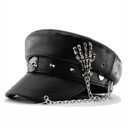 Women’s Punk PU Leather Beret Hat – Vintage Flat Top Military Style Cap for Outdoor Casual Wear & Street Fashion Accessories