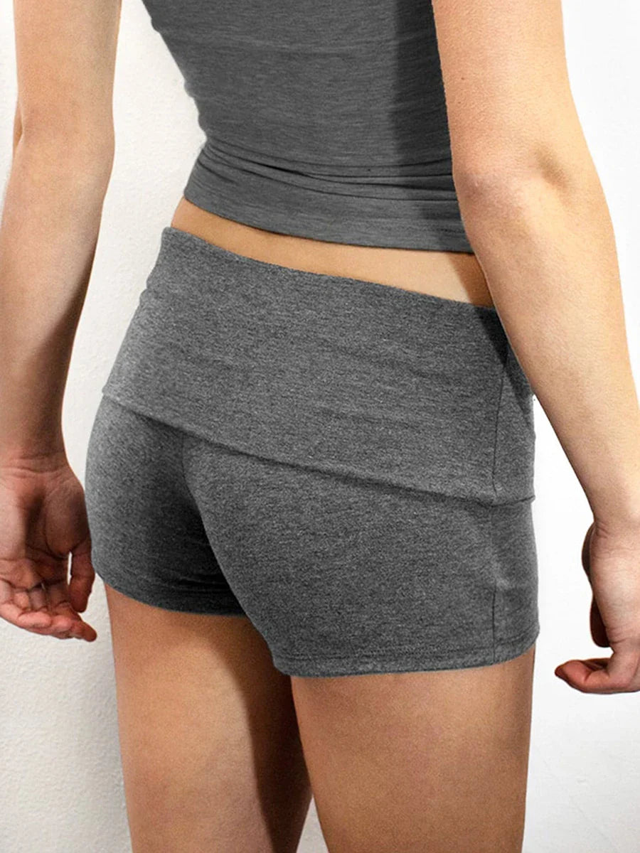Summer Women’s Slim Solid Color Yoga Shorts — Casual Fold-Over Low Waist Lounge Shorts