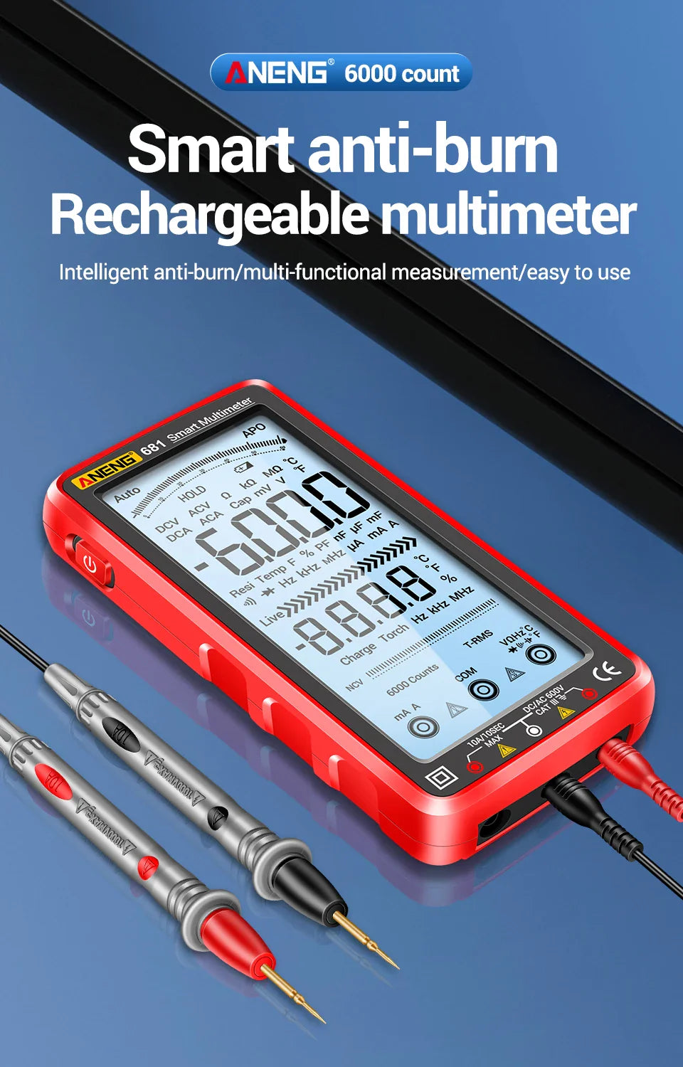 ANENG 681 Rechargeable Digital Multimeter — Professional Non-Contact AC/DC Voltage & Current Tester with LCD Screen