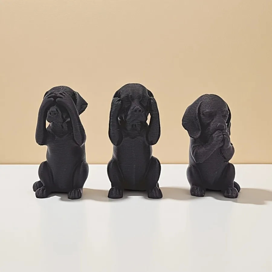 3-Piece Wise Dog Statue Set — 3D Printed Dachshund Figurines for Home & Office Decor
