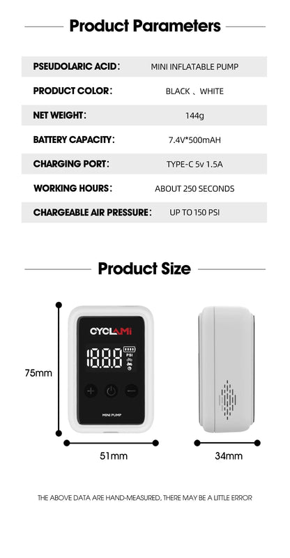CYCLAMI HW125 150PSI Portable Electric Bike Air Pump – Rechargeable Mini Tire Inflator for Schrader & Presta Valves