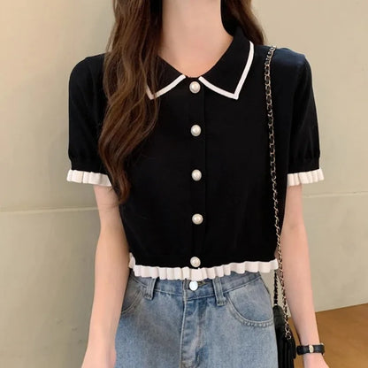 Women’s Summer Knitted Blouse — Chic Retro Slim Short Sleeve Crop Top, All-Match Style