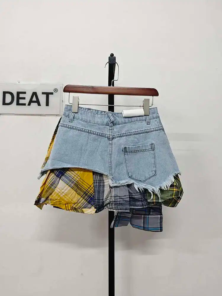 DEAT Women’s Denim Mini Skirt — Colored Plaid Patchwork Irregular A-Line, High Waist Summer 2025 Fashion Skirt