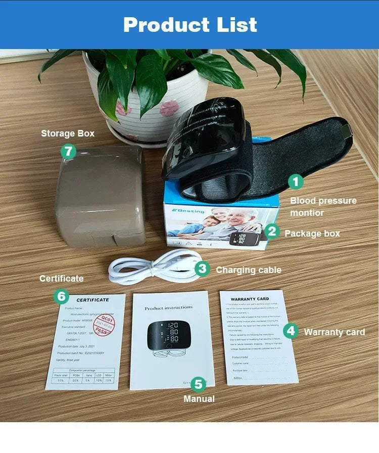 LED Rechargeable Wrist Blood Pressure Monitor – English, Russian, Portuguese, Spanish Voice Broadcast Tonometer