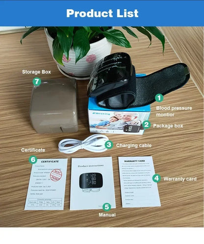 LED Rechargeable Wrist Blood Pressure Monitor – English, Russian, Portuguese, Spanish Voice Broadcast Tonometer