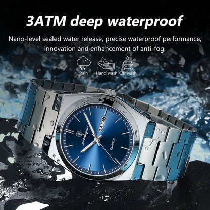 POEDAGAR Luxury Men's Watch – Waterproof Luminous Quartz with Date and Week, Stainless Steel, Casual with Box