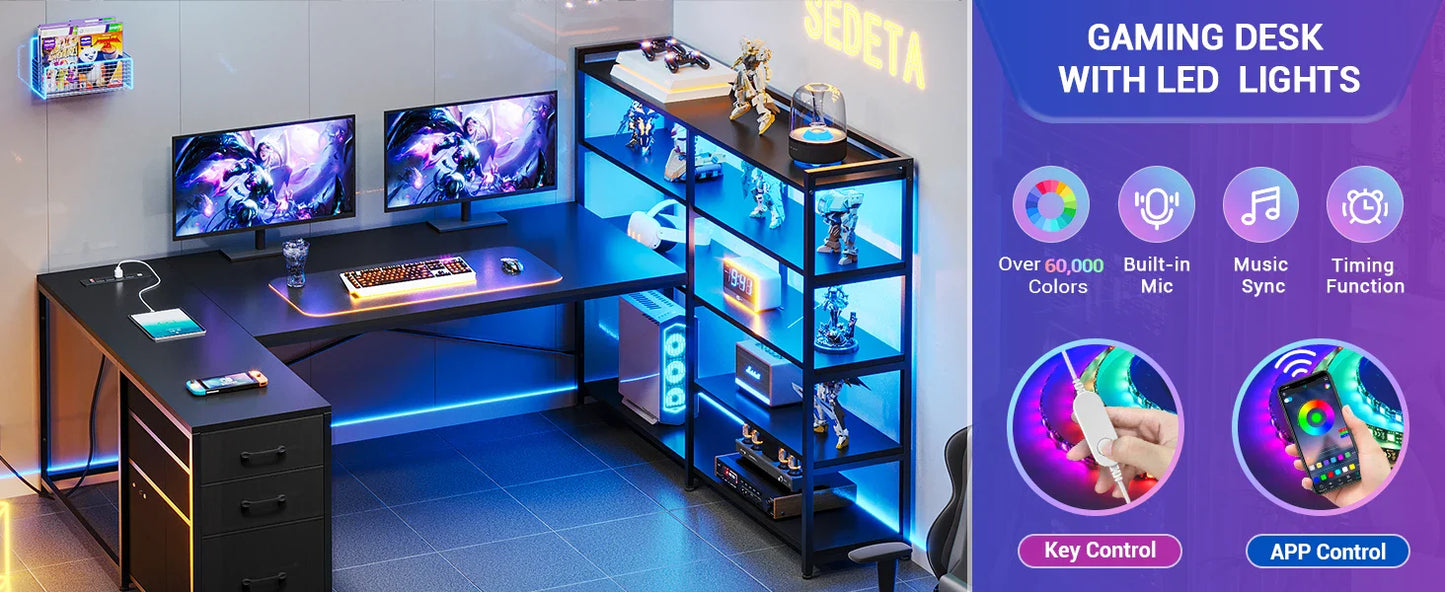 L-Shaped Gaming Desk – Reversible U Shaped Computer Desk with Power Outlet, Storage Shelves & LED Lighting
