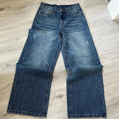 Harajuku Hip Hop Cartoon Embroidered Blue Baggy Jeans – Y2K Low Waist Wide Leg Pants for Men & Women
