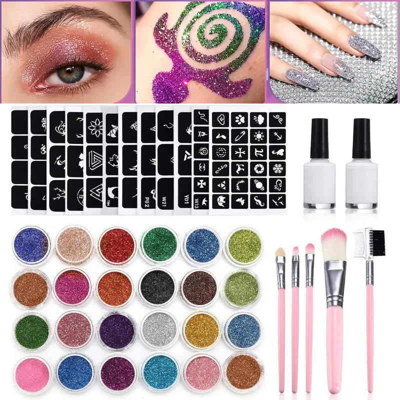 Temporary Glitter Tattoos Kit — 24 Colors with Glue & Stencils, Face & Body Makeup Set for Party & Music Festivals