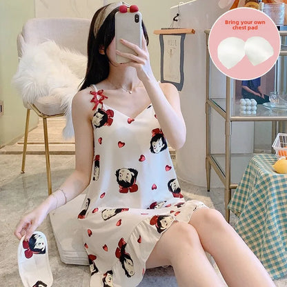 Women’s Cartoon Animal Pajama Set - Cute Loose Sling Nightgown with Bra Pad & Free Eye Mask for Sleepwear
