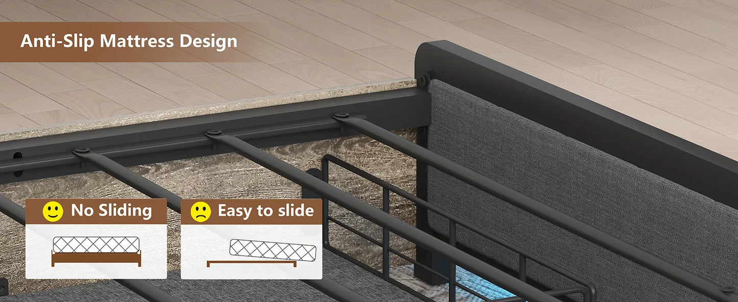 Queen Bed Frame with 4 Storage Drawers – Upholstered LED Bed with Bookcase Headboard, Type-C & USB Charging Station
