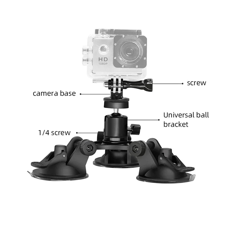 Triple Suction Cup Mount with 1/4'' Thread Adapter for GoPro Hero 13/12/11/10/9/8, DJI Osmo Action 5/4/3, Insta360, SJCAM