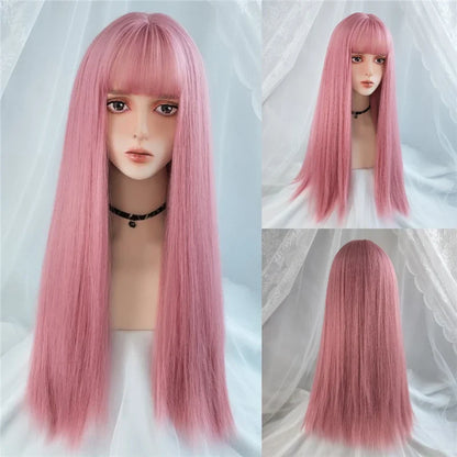 MSIWIGS Women's Synthetic Cosplay Lolita Wigs: Blue Pink Blonde Red Long Straight Hair with Cut Bangs for Party Lady Girl