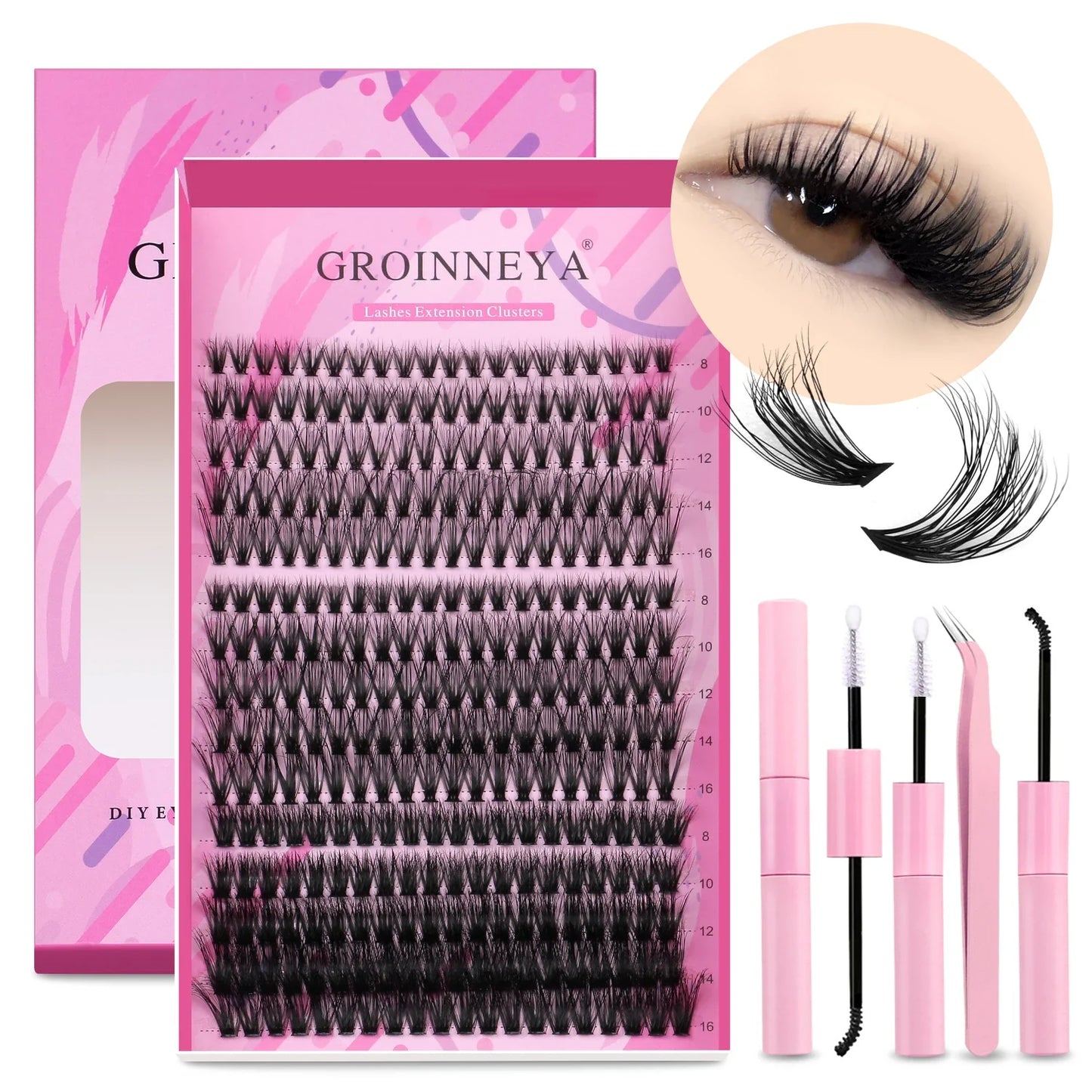 GROINNEYA DIY Lash Extension Kit – Cluster & Individual Lashes Set with Lash Bond & Seal for At-Home Eyelash Extension Makeup
