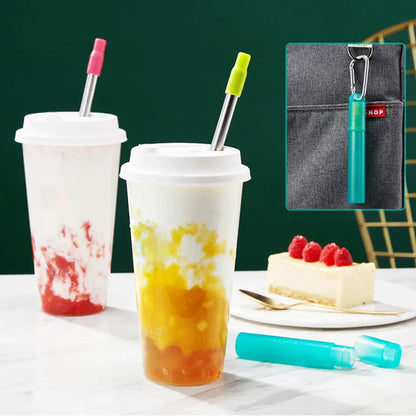 Telescopic Stainless Steel Reusable Drinking Straws - Folding Straw Set with Case and Cleaning Brush - Camping and Travel Straw