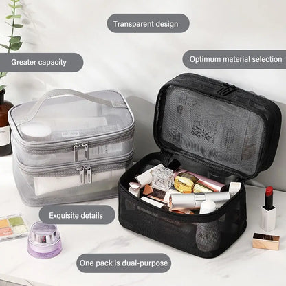 Fashion Transparent Mesh Travel Cosmetic Bag — 1/2/3 Layer Large-Capacity Makeup Organizer & Women’s Toiletry Bag