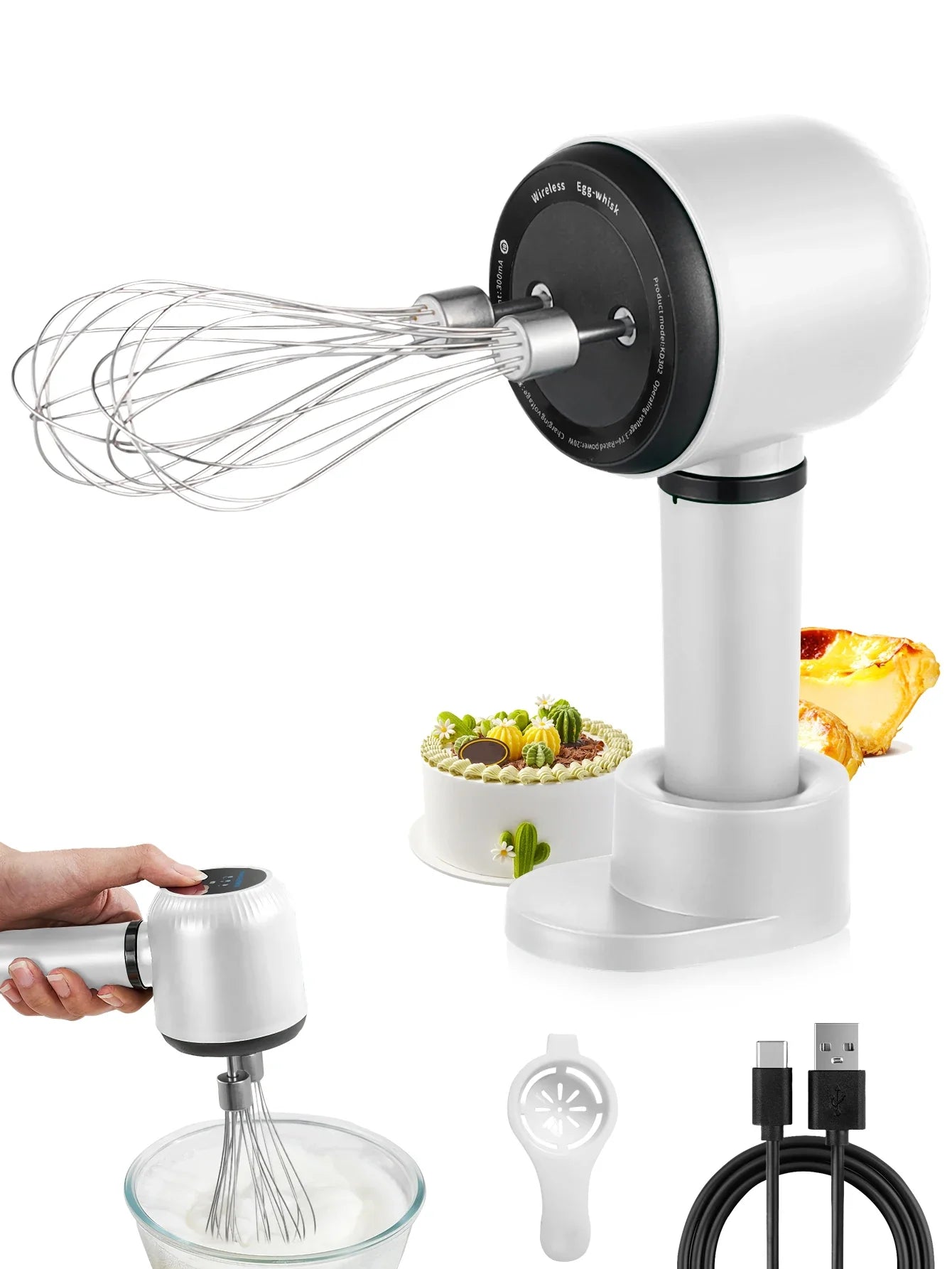 USB Rechargeable Electric Hand Blender — Wireless Portable 3-Speed Hand Whisk with 2 Attachments for Baking, Milk & Cream