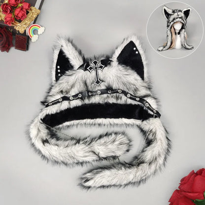 Dark Series Gothic Cat Ear Plush Hat — Y2K Cross Metal Style Cosplay Punk Rock Warm Cap for Men, Women & Kids