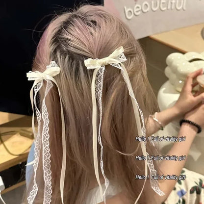 2pcs Korean Fashion Lace Bow Hairpins – White Ribbon Hair Clips for Women & Girls, Top Clip, Female Hair Accessories & Gifts