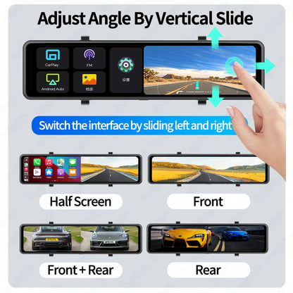 Imagebon 12" 4K Car Mirror – Wireless CarPlay, Android Auto, ADAS, Rearview Camera, GPS, FM, Night Vision Video Recorder