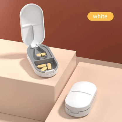 2-in-1 Pill Cutter with Invisible Storage Box – Portable Mini Tablet & Medicine Crusher, Dustproof Divider Organizer