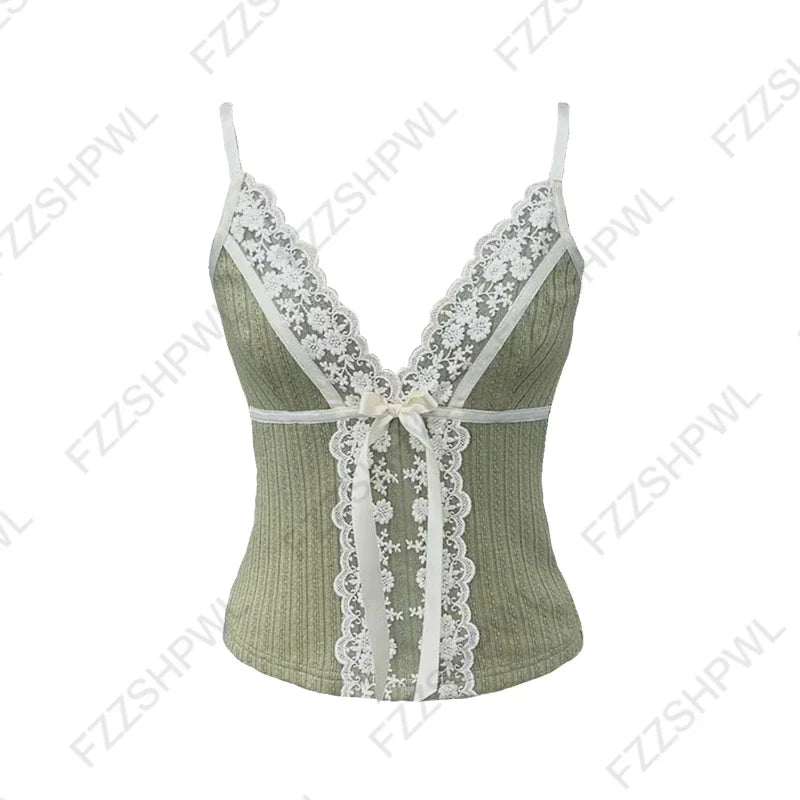 Women’s Grunge Punk Gothic Camisole Top – Y2K V-Neck Bow Lace Slim Fit Crop Cami Streetwear