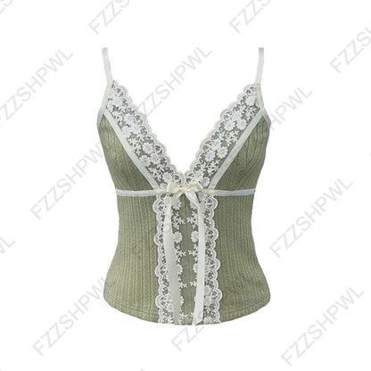 Women’s Grunge Punk Gothic Camisole Top – Y2K V-Neck Bow Lace Slim Fit Crop Cami Streetwear