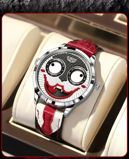 LIGE 2025 Men’s Creative Clown Quartz Watch – Waterproof Leather Strap Joker Fashion Wristwatch
