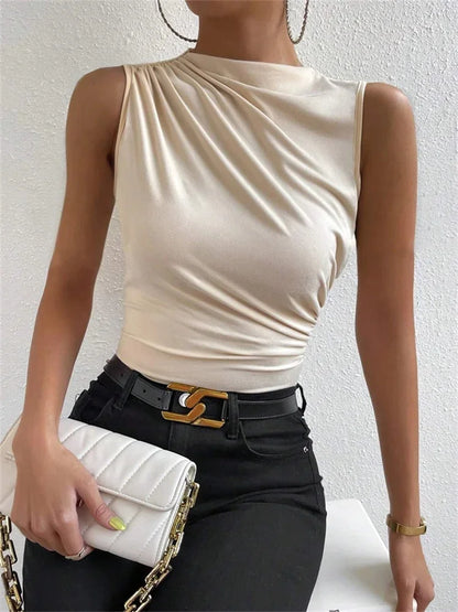 Women’s Mock Neck Ruched Tank Top – Y2K Solid Pleated Sleeveless Summer Streetwear Shirt