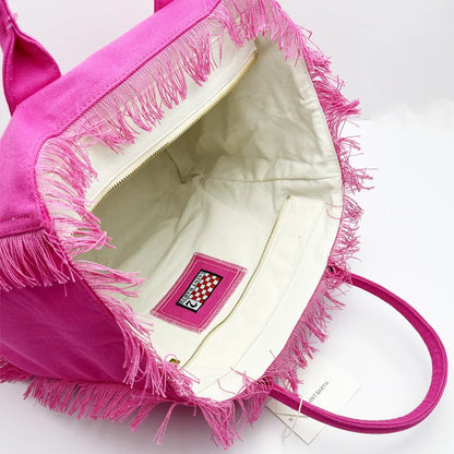 SAINT BARTH Autumn Winter Plush Towel Bag – Women’s Large Capacity Striped Casual Handbag with Tassel
