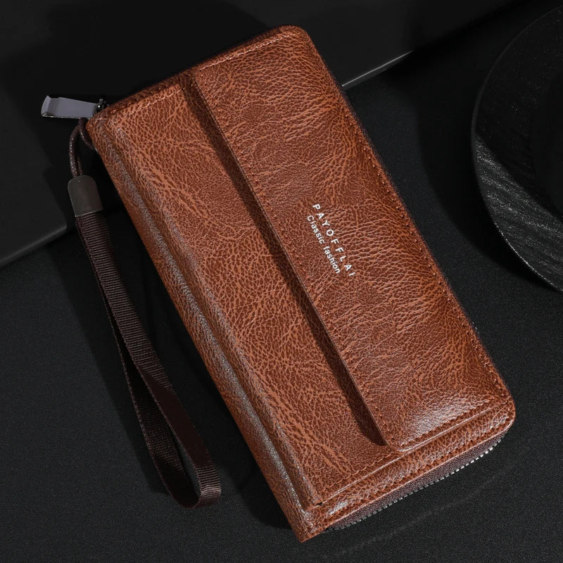 Men's PU Leather Zipper Wallet – Large Capacity Clutch Bag with Phone Holder, Card Slots & Coin Pocket