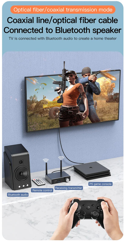 Bluetooth 5.3 Receiver Transmitter | Low Latency Stereo AUX 3.5mm, Optical, Coaxial Wireless Audio Adapter USB for TV & PC
