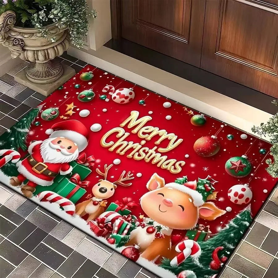 Christmas Festive Entry Door Mat — Santa Claus, Elk & Tree Holiday Anti-Slip Bathroom/Entrance Doormat