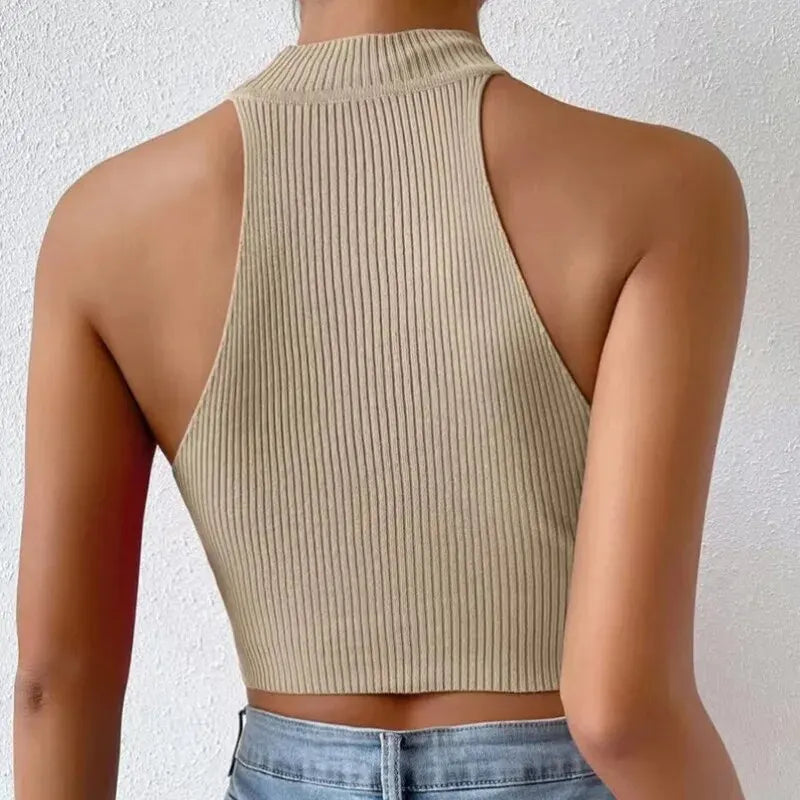 Y2K Chic: Women's Sleeveless Knit Halter Top - Slim Fitted Crop, Basics Solid Design, Turtleneck Ribbed Vest, High Neck Tank