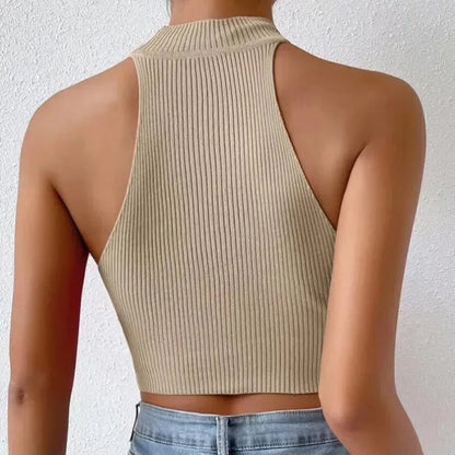 Y2K Chic: Women's Sleeveless Knit Halter Top - Slim Fitted Crop, Basics Solid Design, Turtleneck Ribbed Vest, High Neck Tank