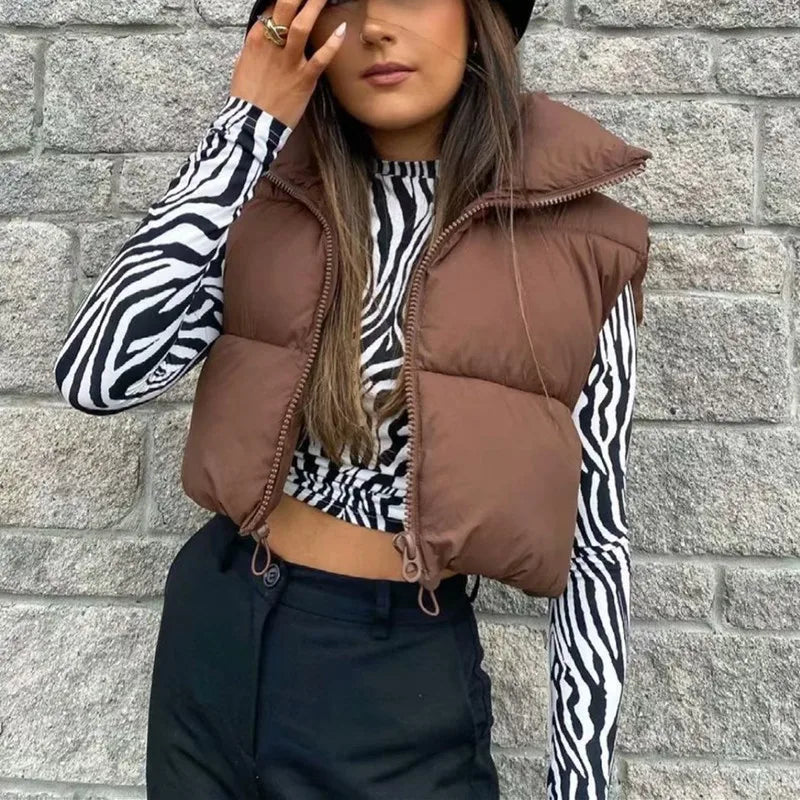 Winter Sleeveless Down Vest for Women – Warm Stand Collar, Zipper Jacket, Quilted Cropped Casual Street Outerwear